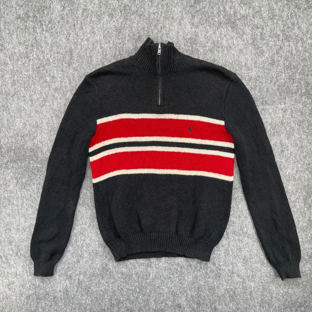 Polo Ralph Lauren Sweater Mens Small 1/4 Zip Sweater Black Stripe Vintage